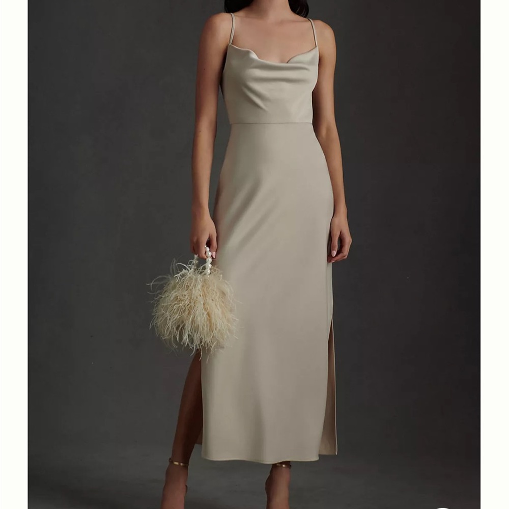 Anthropologie / BHLDN Cali Satin Charmeuse Midi Dress in Champagne // size 6